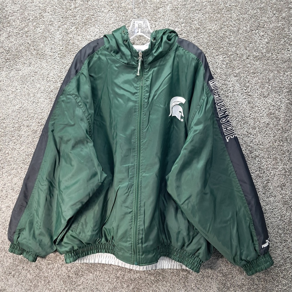 Puma Michigan State Spartans Reversible Hooded Jacket Green Grey‎ Mens XL